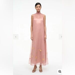 STAUD Blush Pink High-Neck Maxi Dress with Dainty Floral Embroidery